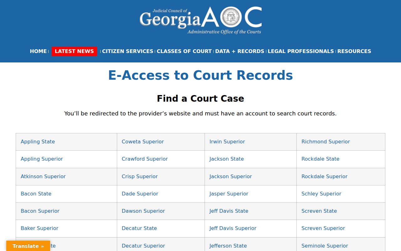 Georgia E-Access Screven County case lookup route