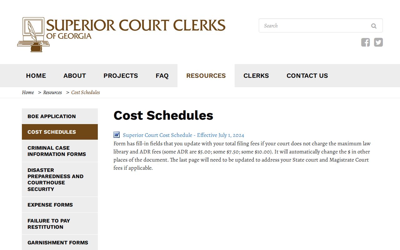 Screven County civil docket clerk cost schedule information