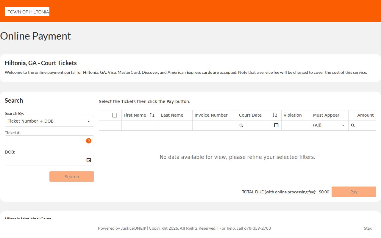 Hiltonia docket search JusticeONE portal